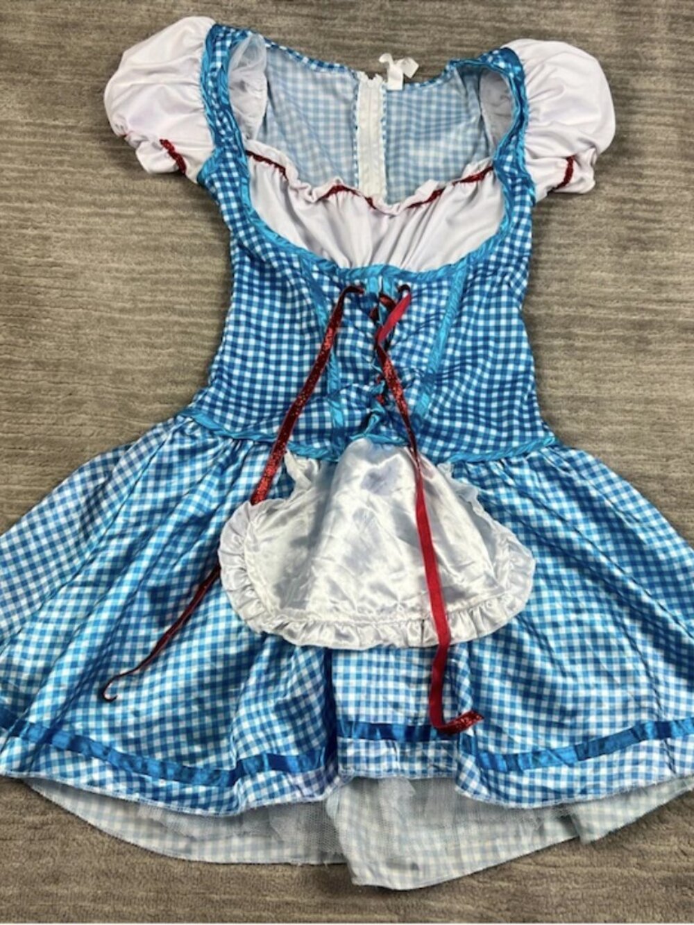 Blue Gingham Dorothy Wizard of Oz costume with a white apron and lace bodice det